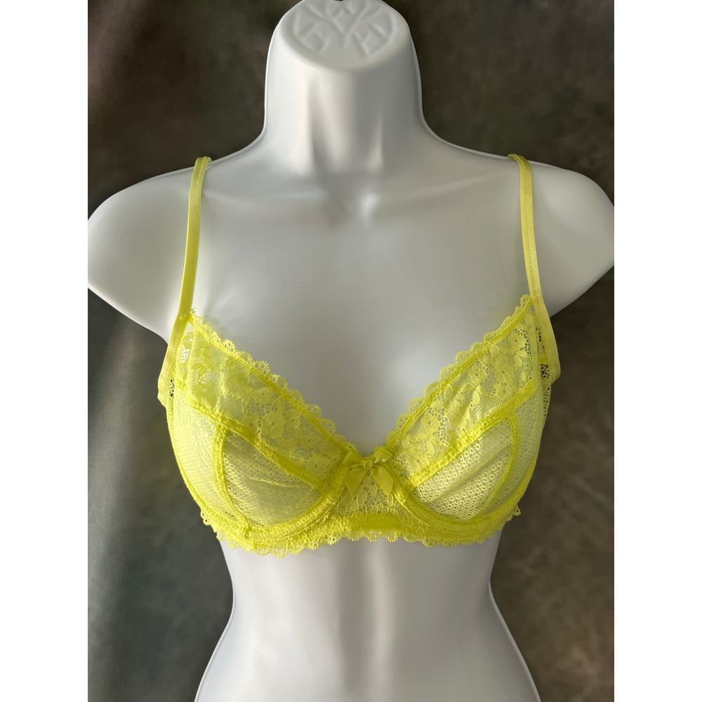 Savage X Fenty Lightly Lined Lace Bra Yellow Size‎ 32D Sheer Unlined